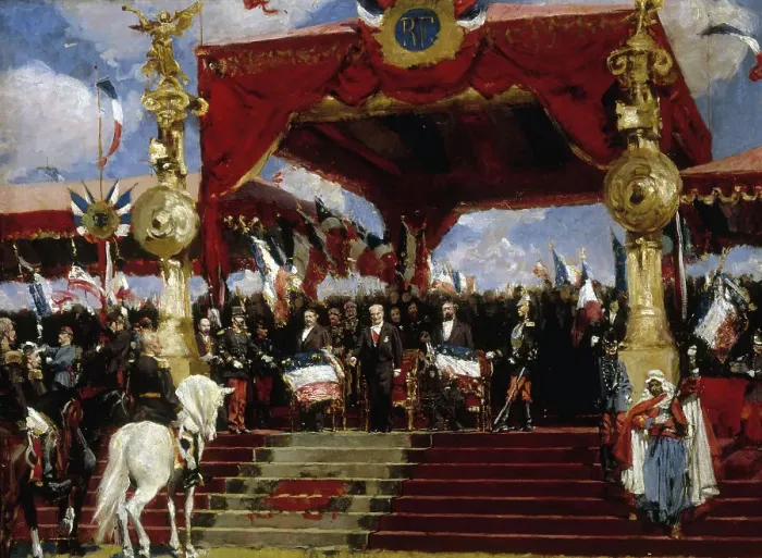 Framed Print : Distribution of flags at Longchamp on July 14, 1880, between 1880 and 1881. Creator: Jules Garnier Framed Print : Distribution of flags at Longchamp on July 14, 1880, between 1880 and 1881. Creator: Jules Garnier