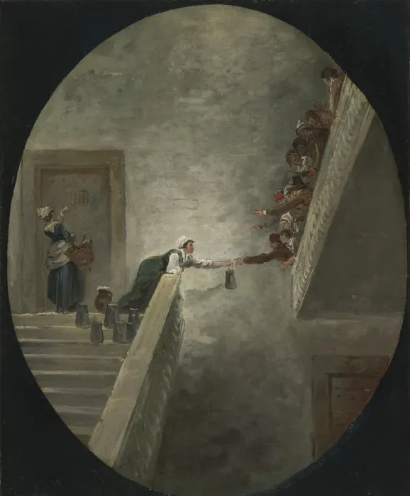Framed Print : The distribution of milk at Saint-Lazare prison, ca 1794. Artist: Robert, Hubert (1733-1808) Framed Print : The distribution of milk at Saint-Lazare prison, ca 1794. Artist: Robert, Hubert (1733-1808)