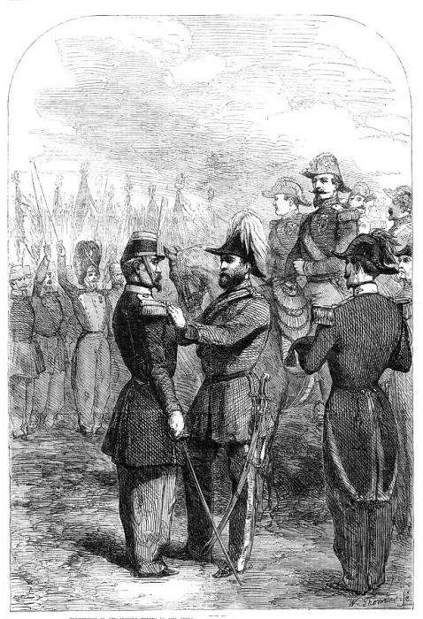 Framed Print : Distribution of the Queen's Medals to the French Crimean Troops, by H.R.H. the Duke of Cambridge, 18 Creator: Unknown Framed Print : Distribution of the Queen's Medals to the French Crimean Troops, by H.R.H. the Duke of Cambridge, 18 Creator: Unknown