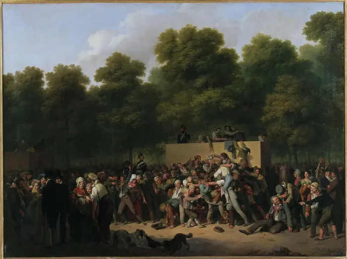Framed Print : Distribution de vin et de comestibles aux Champs-Elysées, à l'occasion de la fête du roi, 1822. Creator: Louis Leopold Boilly