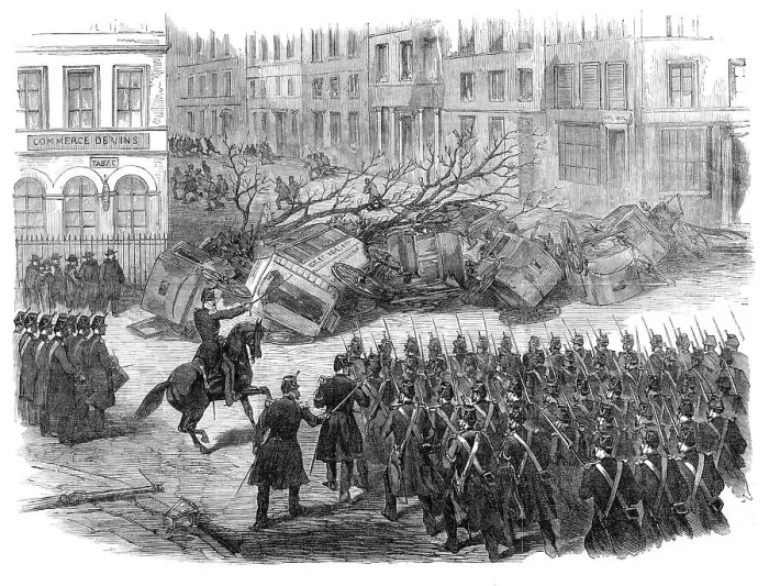 Framed Print : The Disturbances in Paris: the barricade at Belleville, 1870. Creator: Unknown Framed Print : The Disturbances in Paris: the barricade at Belleville, 1870. Creator: Unknown