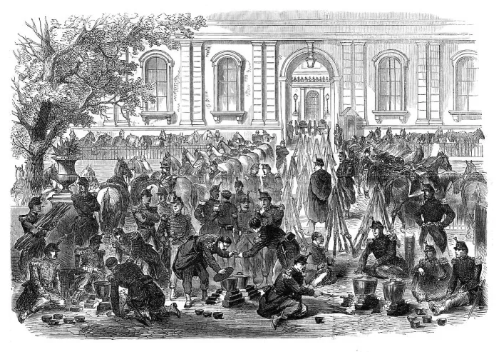 Framed Print : The Disturbances in Paris: bivouac of troops in the gardens and courtyard of the Luxembourg, 1870. Creator: Unknown Framed Print : The Disturbances in Paris: bivouac of troops in the gardens and courtyard of the Luxembourg, 1870. Creator: Unknown