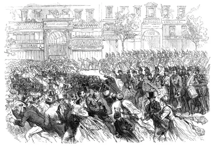 Framed Print : The Disturbances in Paris: cavalry clearing the boulevards on the night of June 10. 1869. Creator: Unknown Framed Print : The Disturbances in Paris: cavalry clearing the boulevards on the night of June 10. 1869. Creator: Unknown