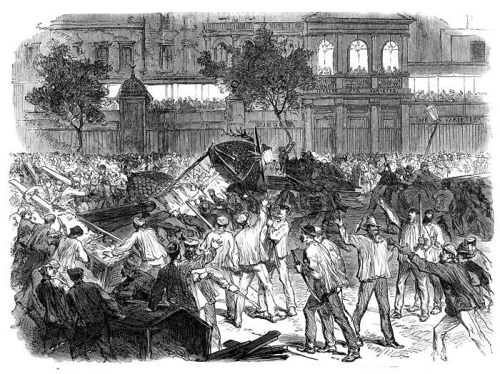 Framed Print : The Disturbances in Paris:mob attempting to construct a barricade...Boulevard Montmartre... 1869 Creator: Unknown Framed Print : The Disturbances in Paris:mob attempting to construct a barricade...Boulevard Montmartre... 1869 Creator: Unknown
