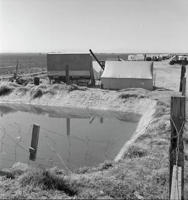 Framed Print : Ditch bank camp for migrant agricultural workers, California, 1937. Creator: Dorothea Lange Framed Print : Ditch bank camp for migrant agricultural workers, California, 1937. Creator: Dorothea Lange