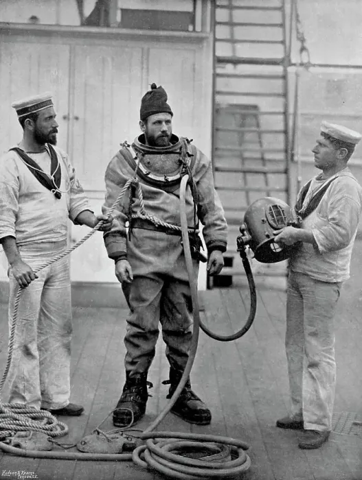 Framed Print : A diver from the battleship HMS Camperdown in his divers dress, 1896. Artist: Gregory & Co Framed Print : A diver from the battleship HMS Camperdown in his divers dress, 1896. Artist: Gregory & Co