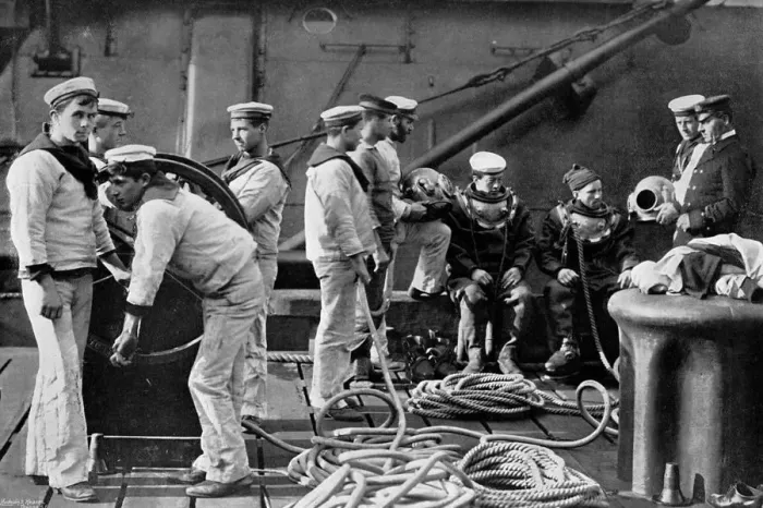 Framed Print : The diver on board ship, 1896. Artist: Gregory & Co