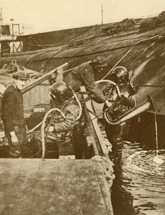 Framed Print : A Diver With Euphonium and Swords from the German Kaiser Scuttled at Scapa, c1930 Framed Print : A Diver With Euphonium and Swords from the German Kaiser Scuttled at Scapa, c1930