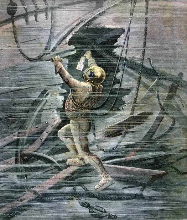 Framed Print : A diver searching a wreck in La Havre harbour, France, 1892. Artist: Henri Meyer Framed Print : A diver searching a wreck in La Havre harbour, France, 1892. Artist: Henri Meyer