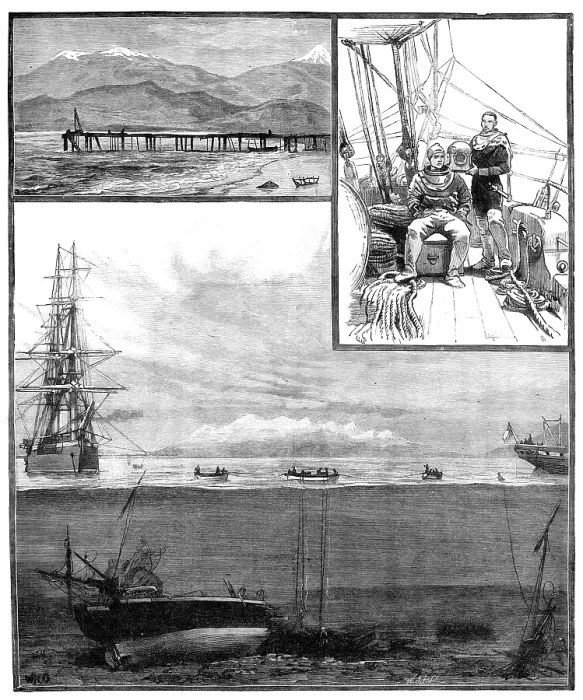 Framed Print : Divers exploring the wreck of H.M.S. Doterel, blown up in the Straits of Magellan, 1881. Creator: William James Palmer Framed Print : Divers exploring the wreck of H.M.S. Doterel, blown up in the Straits of Magellan, 1881. Creator: William James Palmer