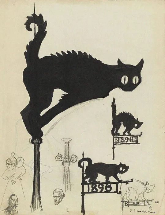 Framed Print : Divers projets d'enseignes surmontées de chats noirs, 1896. Creator: Steinlen, Théophile Alexandre (1859-1923) Framed Print : Divers projets d'enseignes surmontées de chats noirs, 1896. Creator: Steinlen, Théophile Alexandre (1859-1923)