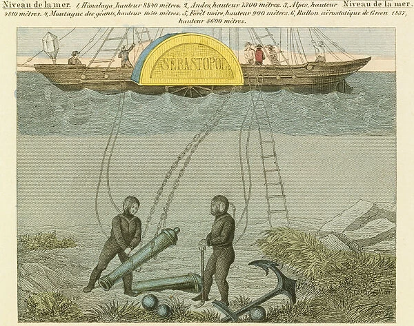 Divers salvaging guns from the seabed, c1855
