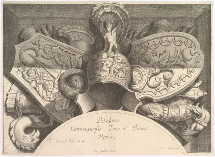 Framed Print : Divers Trophees (Weapon Trophies after the Facade of Palazzo Milesi in Rome) Framed Print : Divers Trophees (Weapon Trophies after the Facade of Palazzo Milesi in Rome)