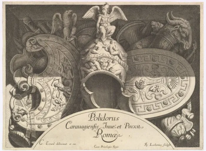 Framed Print : Divers Trophees (Weapon Trophies after the Facade of Palazzo Milesi in Rome) Framed Print : Divers Trophees (Weapon Trophies after the Facade of Palazzo Milesi in Rome)