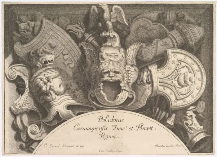 Framed Print : Divers Trophees (Weapon Trophies after the Facade of Palazzo Milesi in Rome) Framed Print : Divers Trophees (Weapon Trophies after the Facade of Palazzo Milesi in Rome)