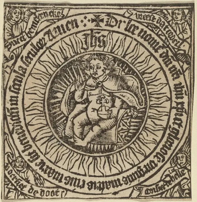 Framed Print : Divine Infant with the Globe in a Circle with Four Angels, probably c. 1500. Creator: Unknown Framed Print : Divine Infant with the Globe in a Circle with Four Angels, probably c. 1500. Creator: Unknown