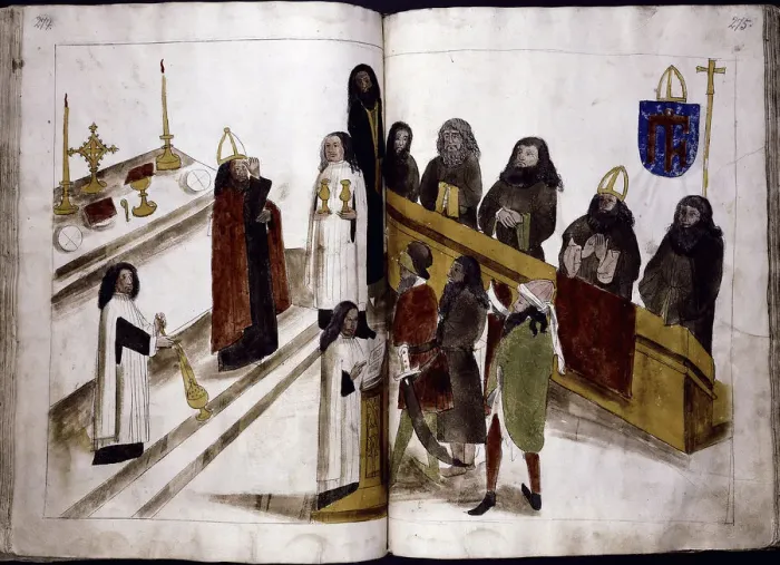 Framed Print : Divine service according to the Greek orthodox rite (from: Ulrich Richental Chronicle of the Council of Constance), 1414-1418. Artist: Anonymous Framed Print : Divine service according to the Greek orthodox rite (from: Ulrich Richental Chronicle of the Council of Constance), 1414-1418. Artist: Anonymous