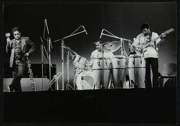 Dizzy Gillespie and guitarist Rodney Jones on stage, Beaulieu, Hampshire, July 1977