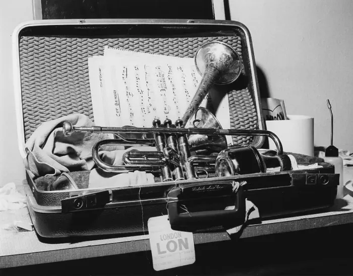 Framed Print : Dizzy Gillespie, trumpet in case, Manchester, 1963. Creator: Brian Foskett Framed Print : Dizzy Gillespie, trumpet in case, Manchester, 1963. Creator: Brian Foskett