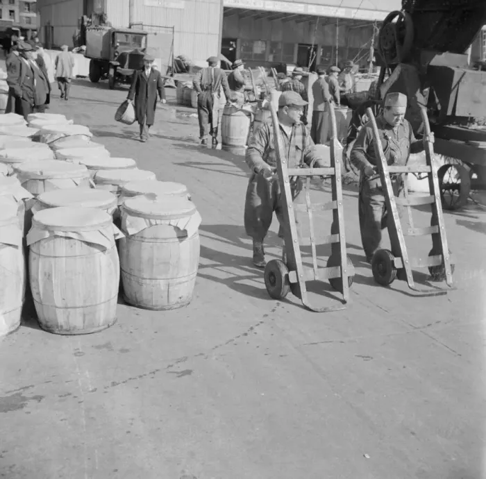 Framed Print : Dock scene, Fulton fish market, New York, 1943. Creator: Gordon Parks Framed Print : Dock scene, Fulton fish market, New York, 1943. Creator: Gordon Parks