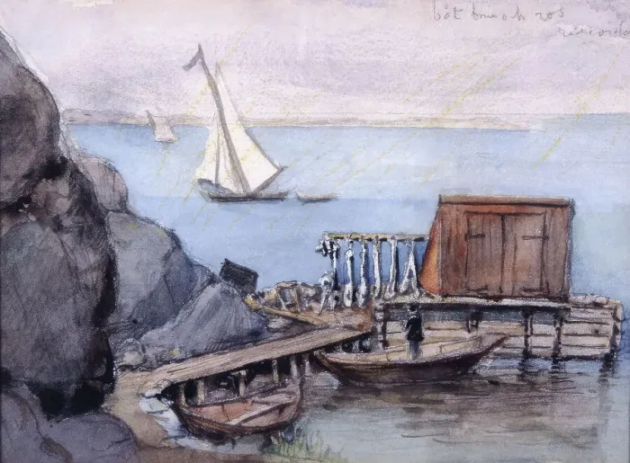 Framed Print : Dock with shed, boats. (c1860s). Creator: Fritz von Dardel Framed Print : Dock with shed, boats. (c1860s). Creator: Fritz von Dardel