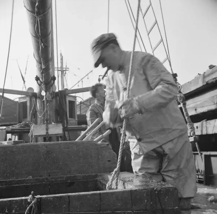 Framed Print : Dock stevedores at the Fulton fish market sending up baskets of fish... New York, 1943. Creator: Gordon Parks Framed Print : Dock stevedores at the Fulton fish market sending up baskets of fish... New York, 1943. Creator: Gordon Parks