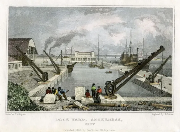 Framed Print : Dock Yard, Sheerness, Kent, 1830. Artist: T Garner Framed Print : Dock Yard, Sheerness, Kent, 1830. Artist: T Garner