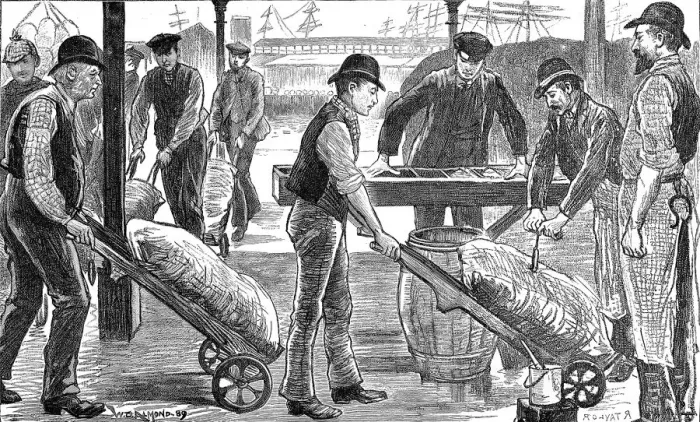 Framed Print : Dockers unloading sugar at West India Docks, London, 1889 Framed Print : Dockers unloading sugar at West India Docks, London, 1889