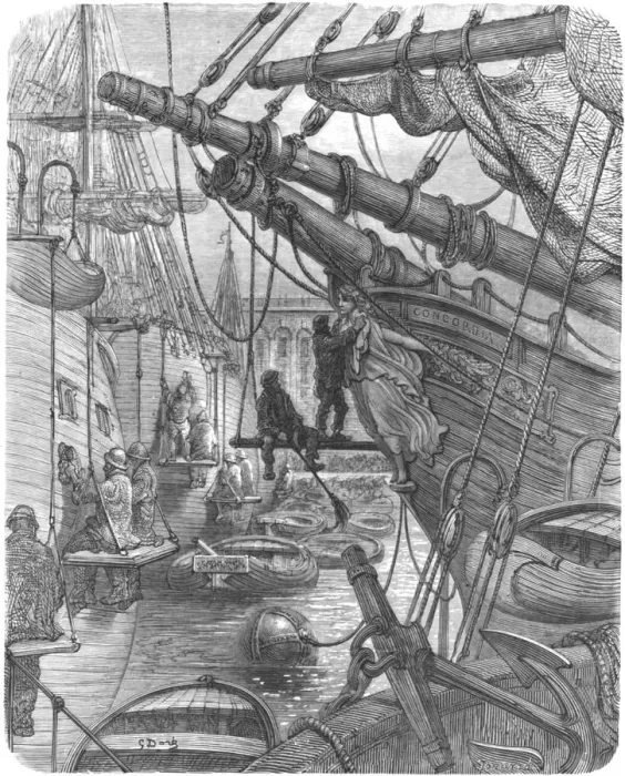 Framed Print : The Docks - The Concordia, 1872. Creator: Gustave Doré Framed Print : The Docks - The Concordia, 1872. Creator: Gustave Doré