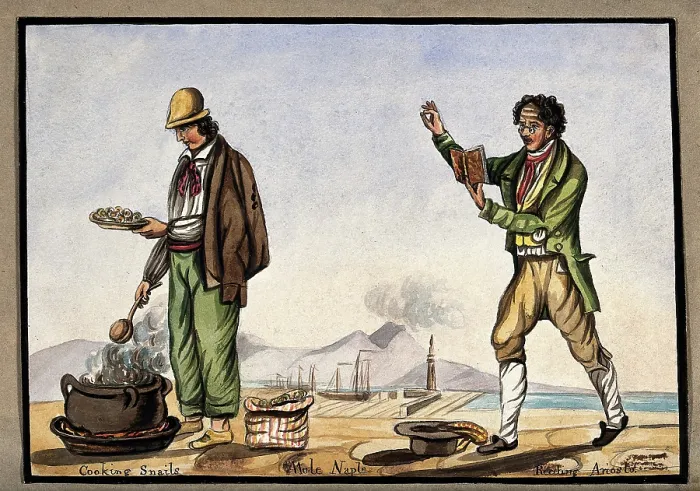Framed Print : The dockside in Naples: a man is cooking snails in a pot over an open fire... 1800-1899. Creator: Unknown Framed Print : The dockside in Naples: a man is cooking snails in a pot over an open fire... 1800-1899. Creator: Unknown