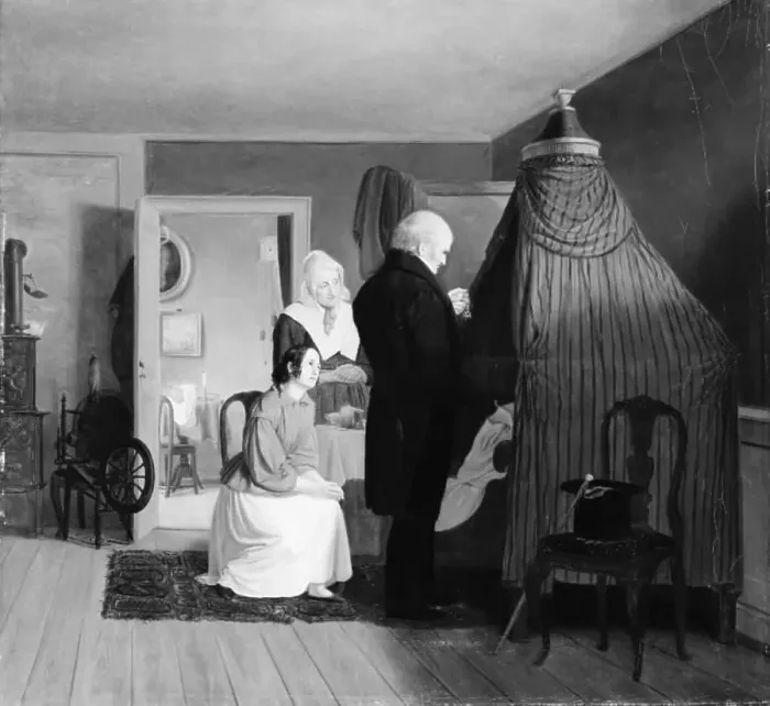 Framed Print : A doctor at the bedside, 1840. Creator: Julius Friedlaender
