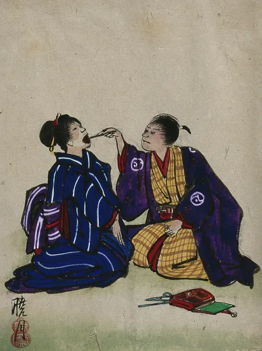 Framed Print : A doctor examining a woman's mouth; doctor and patient are kneeling on the floor, 1830. Creator: Unknown. A doctor examining a woman's mouth; doctor and patient are kneeling on the floor, 1830. Creator: Unknown Framed Print : A doctor examining a woman's mouth; doctor and patient are kneeling on the floor, 1830. Creator: Unknown. A doctor examining a woman's mouth; doctor and patient are kneeling on the floor, 1830. Creator: Unknown