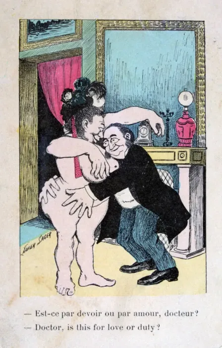Framed Print : Doctor, is this for love or duty?, Vintage French postcard, c1900 Framed Print : Doctor, is this for love or duty?, Vintage French postcard, c1900
