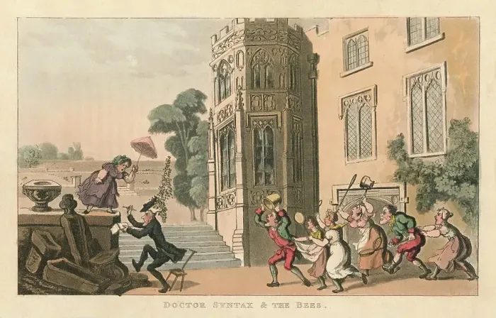 Framed Print : Doctor Syntax & The Bees, 1820. Artist: Thomas Rowlandson Framed Print : Doctor Syntax & The Bees, 1820. Artist: Thomas Rowlandson
