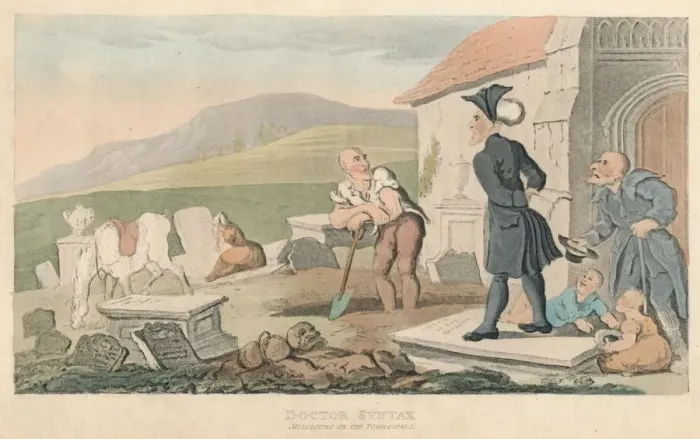 Framed Print : Doctor Syntax Meditating on the Tombstones, 1820. Artist: Thomas Rowlandson Framed Print : Doctor Syntax Meditating on the Tombstones, 1820. Artist: Thomas Rowlandson