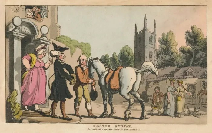 Framed Print : Doctor Syntax, Setting out on His Tour to the Lakes, 1820. Artist: Thomas Rowlandson Framed Print : Doctor Syntax, Setting out on His Tour to the Lakes, 1820. Artist: Thomas Rowlandson