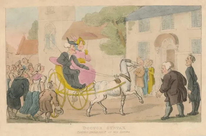 Framed Print : Doctor Syntax Taking Possession of His Living, 1820. Artist: Thomas Rowlandson Framed Print : Doctor Syntax Taking Possession of His Living, 1820. Artist: Thomas Rowlandson