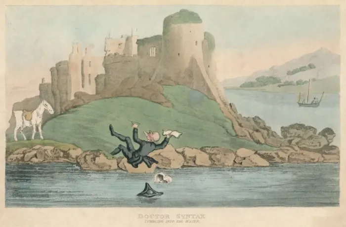 Framed Print : Doctor Syntax Tumbling into the Water, 1820. Artist: Thomas Rowlandson Framed Print : Doctor Syntax Tumbling into the Water, 1820. Artist: Thomas Rowlandson