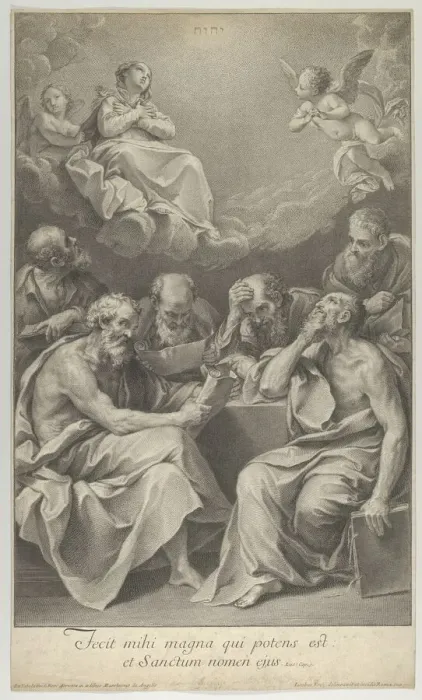 Framed Print : The doctors of the church consulting books and documents and contemplating the Virgin... ca. 1722. Creator: Johann Jakob Frey the Elder Framed Print : The doctors of the church consulting books and documents and contemplating the Virgin... ca. 1722. Creator: Johann Jakob Frey the Elder
