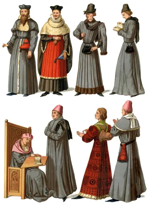 Framed Print : Doctors and servants, 14th-16th century (1849). Artist: Edward May Framed Print : Doctors and servants, 14th-16th century (1849). Artist: Edward May