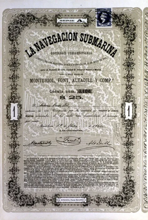 Framed Print : Document of 25 duros (Spanish coin) of the A Series of society La Navegacion Submarina Framed Print : Document of 25 duros (Spanish coin) of the A Series of society La Navegacion Submarina