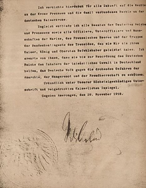 Document confirming the abdication of Kaiser Wilhel II of Germany, 9 November 1918 (1935)