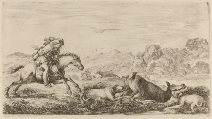 Framed Print : Doe in a Marsh Attacked by Two Dogs. Creator: Stefano della Bella Framed Print : Doe in a Marsh Attacked by Two Dogs. Creator: Stefano della Bella
