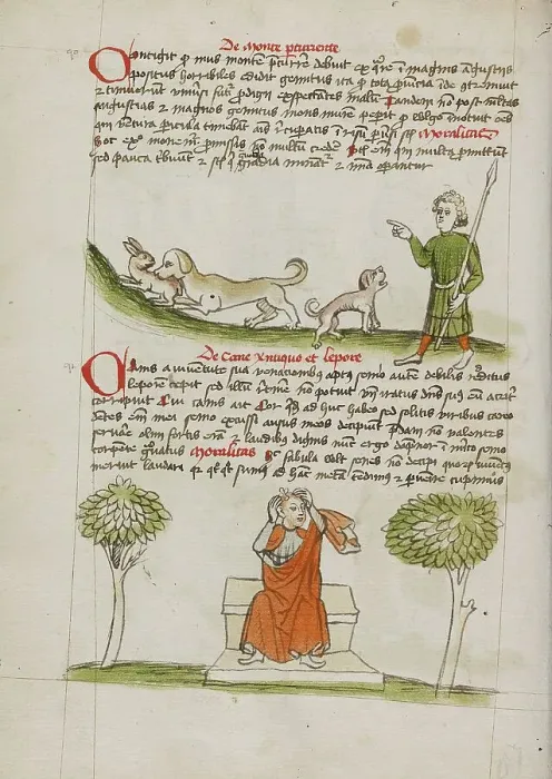 Framed Print : A Dog Biting a Hare and A Hunter Speaking to the Dog: A Man... third quarter of 15th century. Creator: Unknown