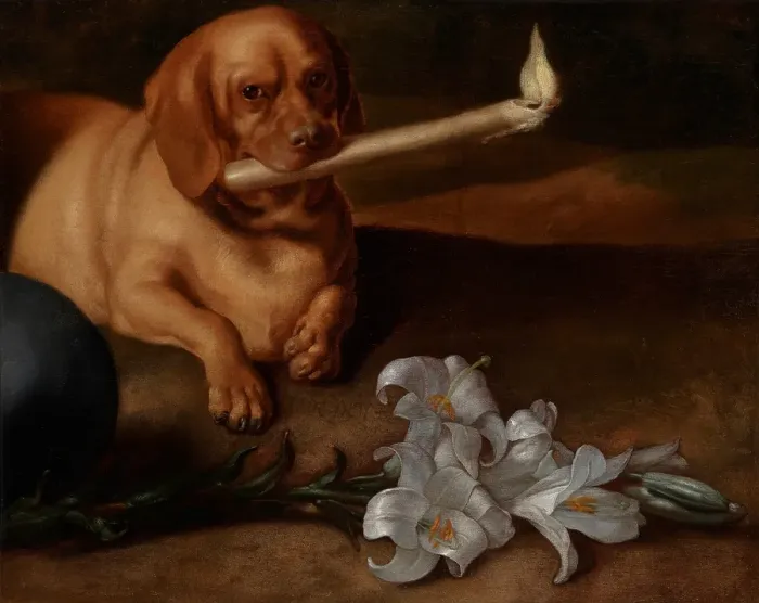 Framed Print : Dog with a Candle and Lilies, about 1660s. Creator: Juan de Pareja Framed Print : Dog with a Candle and Lilies, about 1660s. Creator: Juan de Pareja