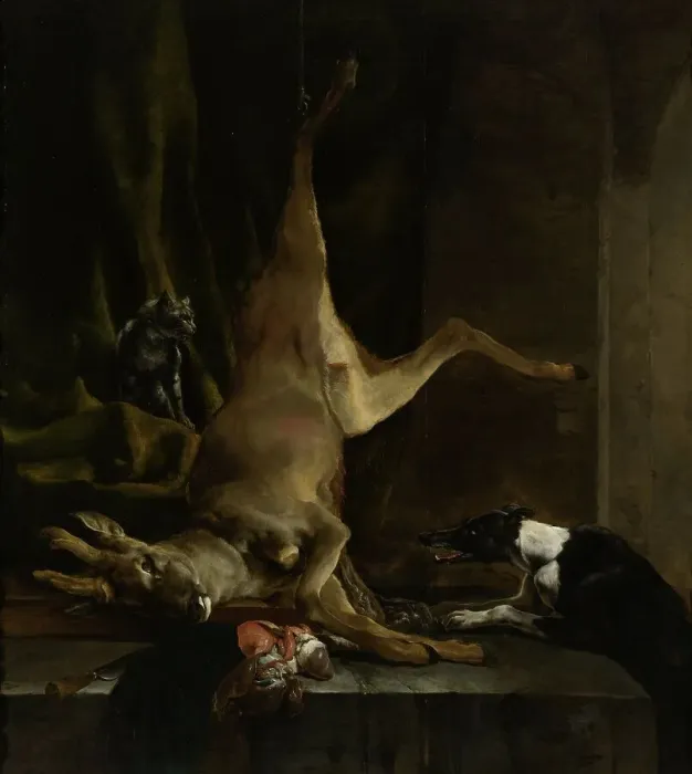 Framed Print : A Dog and a Cat near a partially disembowelled Deer, 1645-1660. Creator: Jan Baptist Weenix Framed Print : A Dog and a Cat near a partially disembowelled Deer, 1645-1660. Creator: Jan Baptist Weenix