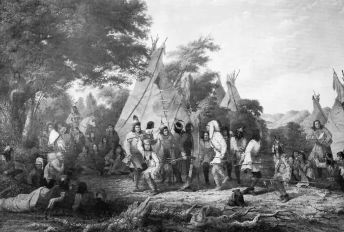 Framed Print : Dog Dance of the Dakotas, c1847. Artist: Seth Eastman Framed Print : Dog Dance of the Dakotas, c1847. Artist: Seth Eastman