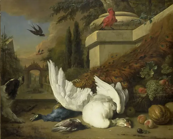 Framed Print : A Dog with a dead Goose and Peacock (A Study of Game and Fruit), c.1700. Creator: Jan Weenix Framed Print : A Dog with a dead Goose and Peacock (A Study of Game and Fruit), c.1700. Creator: Jan Weenix