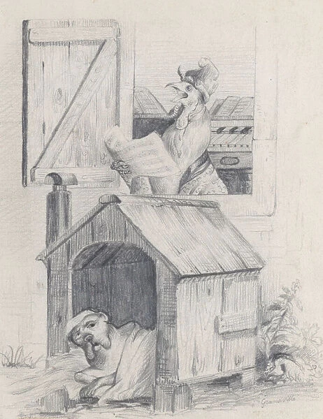 Dog in doghouse; cock singing at window, ca. 1842. Creator: Jean Ignace Isidore Gerard