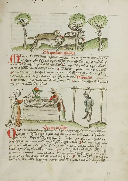 Framed Print : A Dog Hunting a Stag: A Man Killed by Hanging and A Woman Laying... third quarter of 15th century. Creator: Unknown Framed Print : A Dog Hunting a Stag: A Man Killed by Hanging and A Woman Laying... third quarter of 15th century. Creator: Unknown